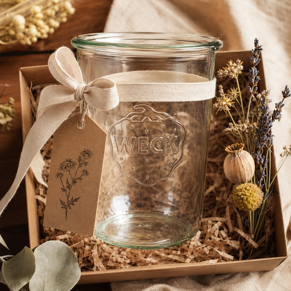 850ml WECK RR100 bekers met lint en gedroogde bloemen in een geschenkdoos op een houten achtergrond