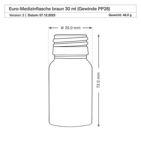 Ronde glazen fles van 30 ml in bruin met klassieke medicijnflesvorm en hals met PP28 schroefdraad