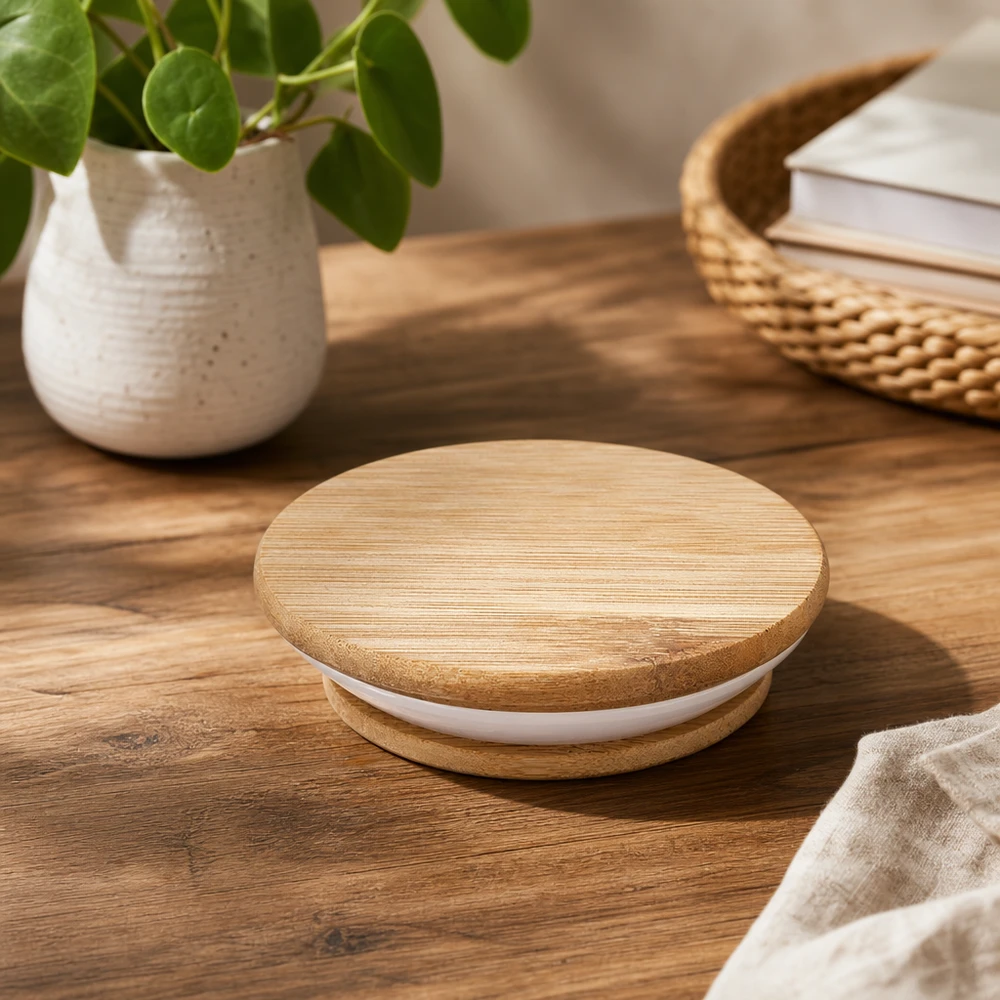 Houten deksel WECK RR60 Houten deksel WECK RR60 op houten tafel in natuurlijke sfeer met plant en mand als lifestyle productfotografie