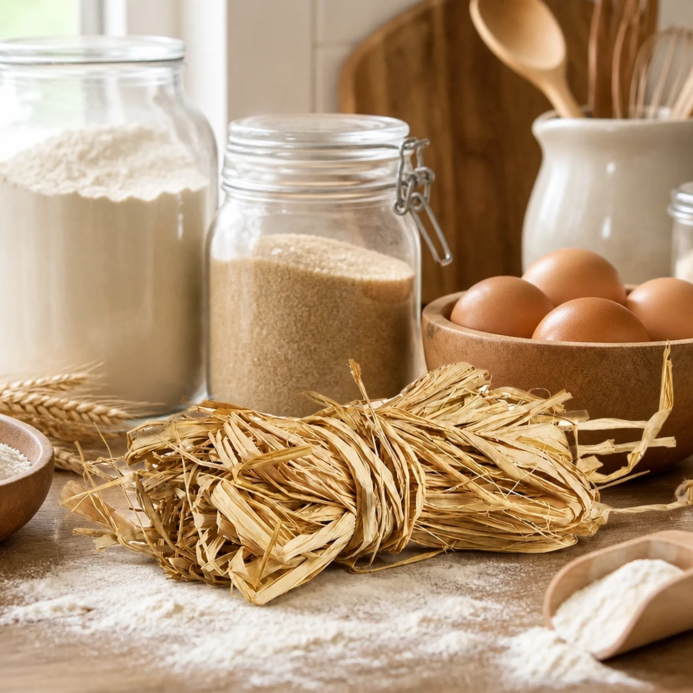 Natuurlijke raffia 30g goudbeige als keukenhulp voor pastabundels naast eieren en bloem toont traditioneel gebruik