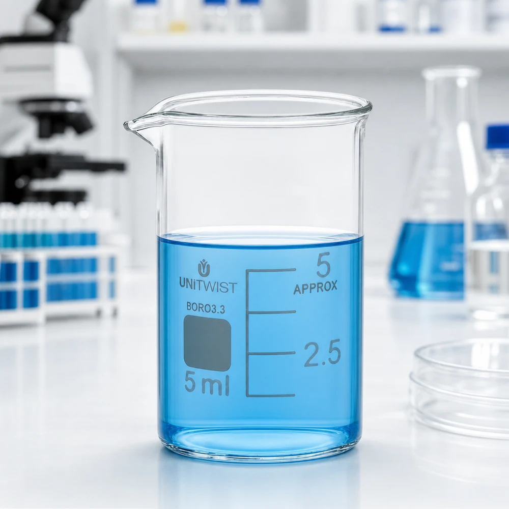 Beker 5ml borosilicaat, lage vorm UNiTWIST UNiTWIST laboratoriumglas van 5 ml, laag model, met schenktuit op een wit laboratoriumblad