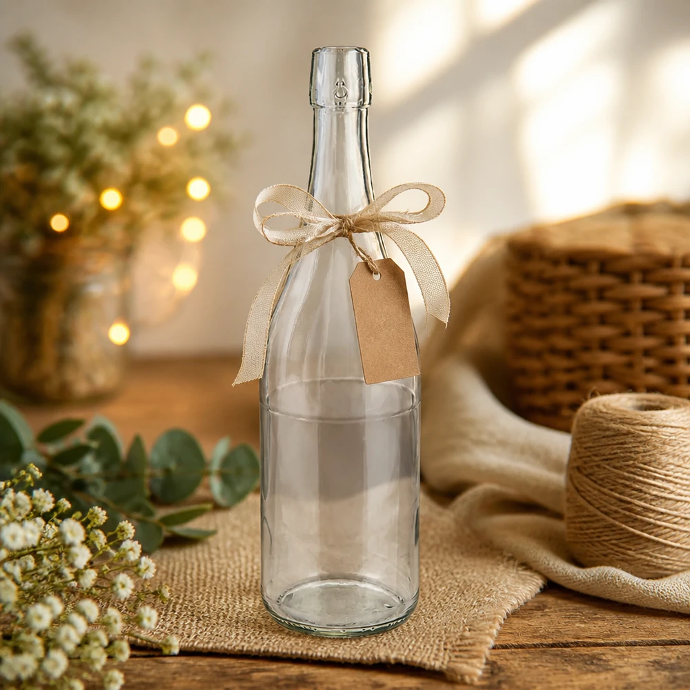 750ml UNiTWIST glazen fles decoratief met strik en cadeaulabel rustiek ambachtelijk materiaal jute