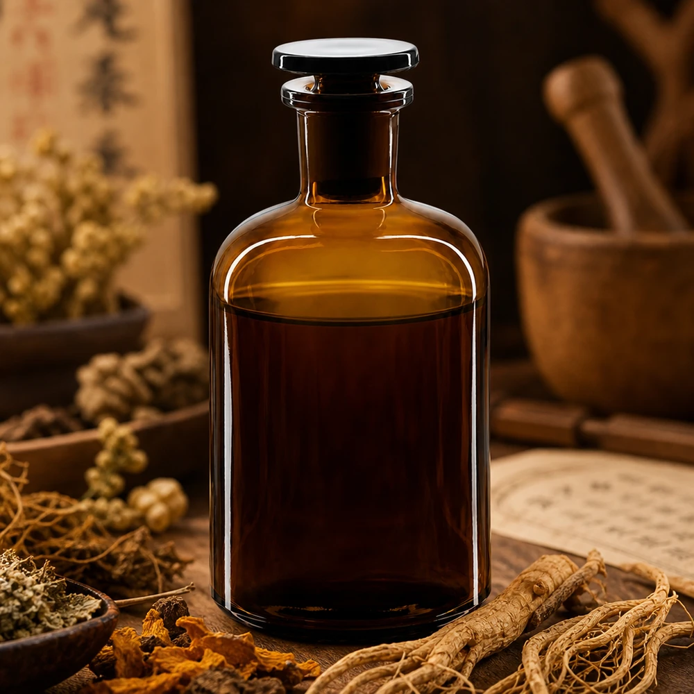 Apothekersfles 250 ml nauwe hals bruin glas incl. glazen stop Bruine glazen fles van 250 ml met smalle hals en ronde schouders, voorzien van een stop, voor kruidenextracten en essences