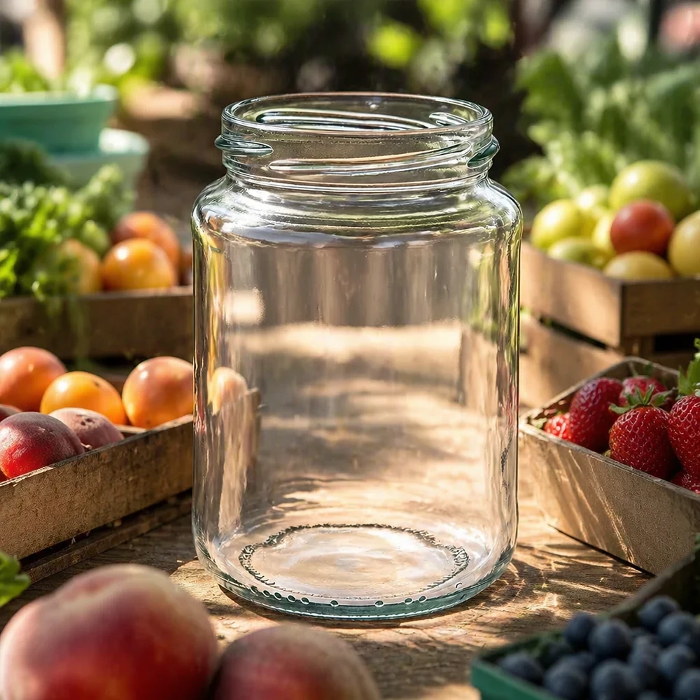 Lege UNiTWIST Runda382 ronde pot 382ml TO66 inmaakpot op een houten tafel met vers fruit en groenten op de achtergrond