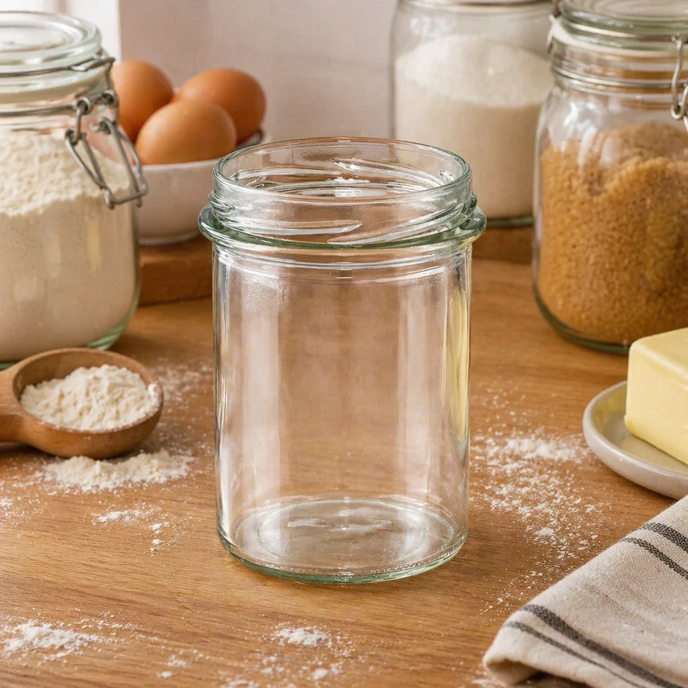 UNiTWIST Sturz230 bekers 230ml TO66 leeg op houten tafel tussen bakingrediënten bloem eieren en inmaakpotten