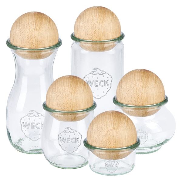 WECK RR80 potten-set met UNiTWIST houten ballen van beukenhout - verschillende maten met naturel houten deksels