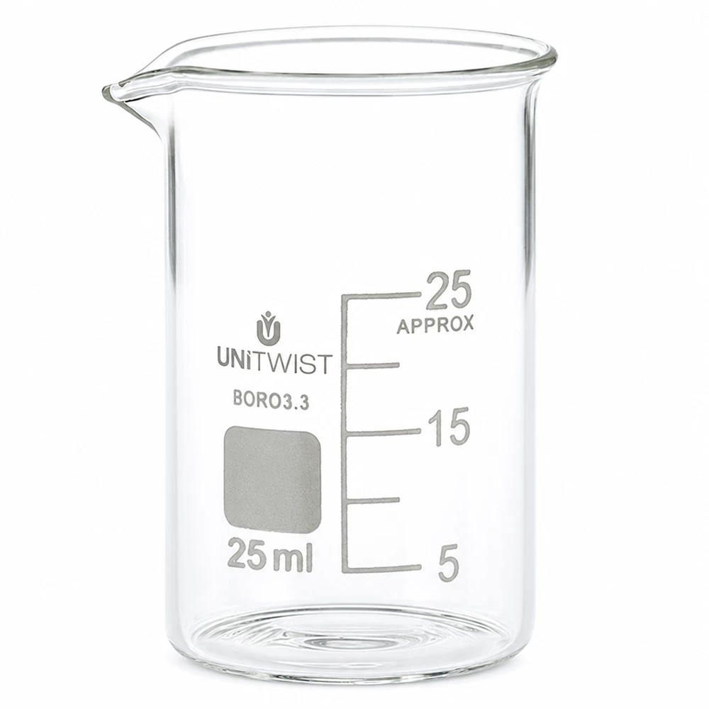 Beker 25ml borosilicaat, lage vorm UNiTWIST UNiTWIST 25 ml laboratoriumbeker van helder borosilicaatglas met witte volumeschaal
