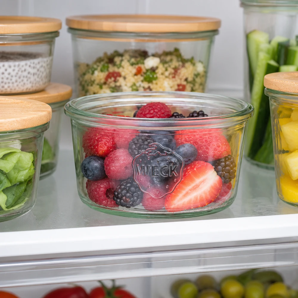 WECK 165ml RR80 mason jar met gemengde bessen in de koelkast, meal prep pot met houten deksel