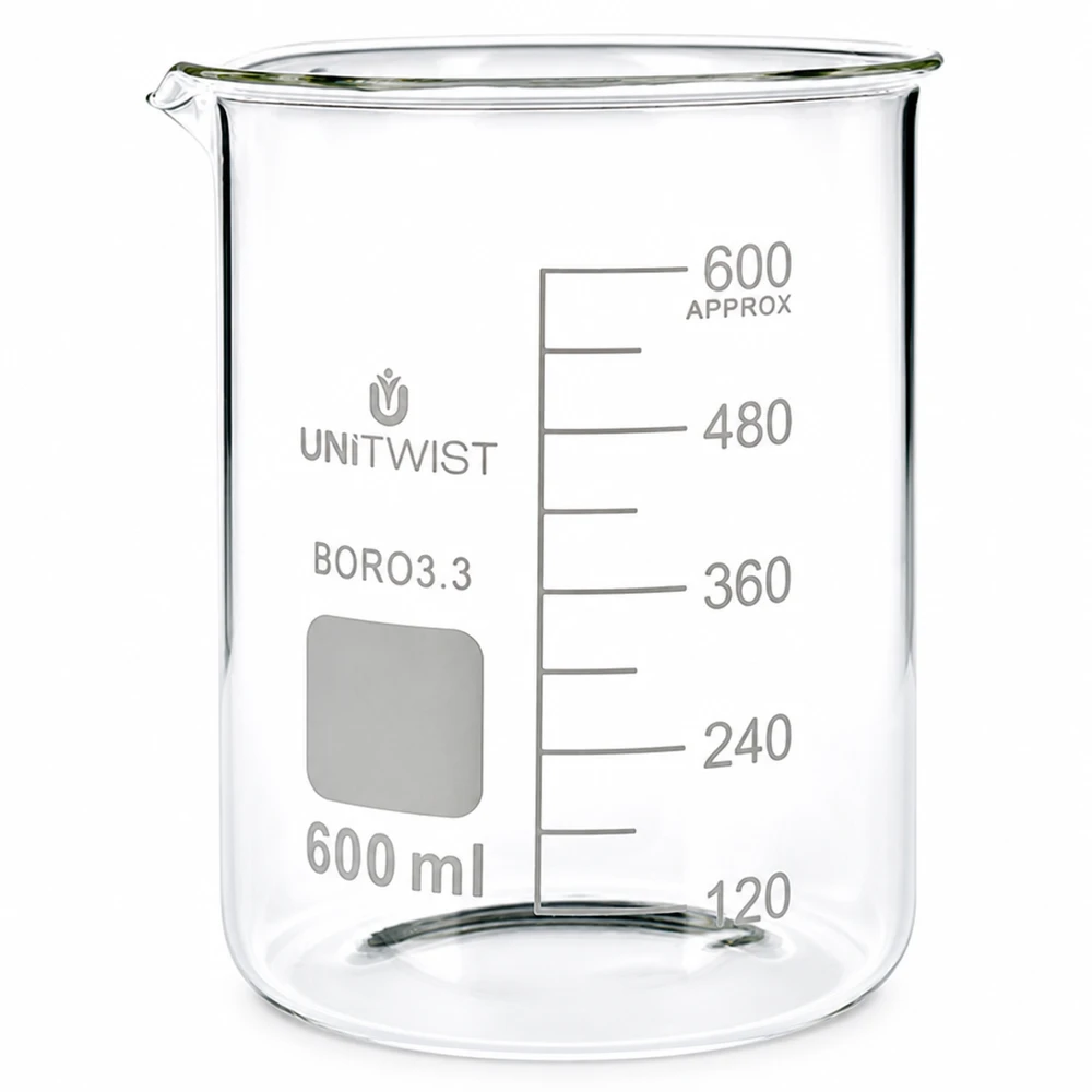 Beker 600ml borosilicaat, lage vorm UNiTWIST Doorzichtig bekerglas van borosilicaat 3.3, inhoud 600 ml, lage, stabiele vorm, laboratorium