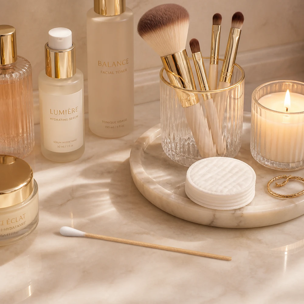 Wattenstaafjes NIET STERIEL 1 st. Een enkel, niet-steriel wattenstaafje op een marmeren oppervlak in een gouden cosmetica-arrangement met een kaars