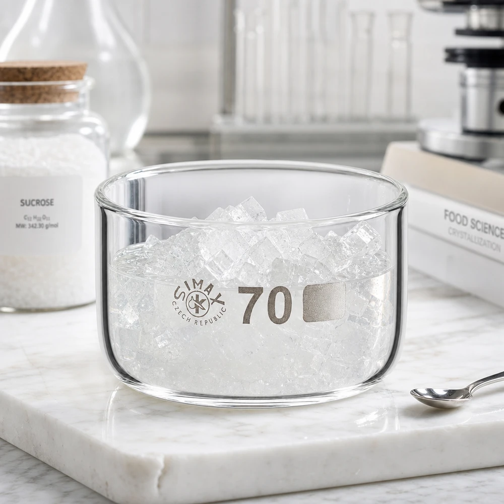 Laboratoriumkom zonder uitgietopening, 100 ml, met ruwe suikerkristallen op een witte marmeren plaat, met lepel