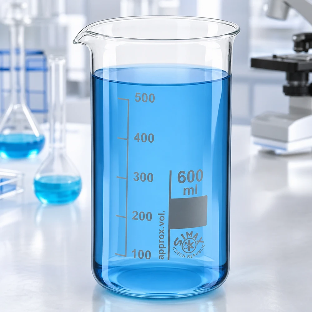 Bekerglas 600 ml van hittebestendig borosilicaatglas (hoog model) Hoog bekerglas van 600 ml met schenktuit en maatverdeling aan de zijkant, van helder borosilicaatglas