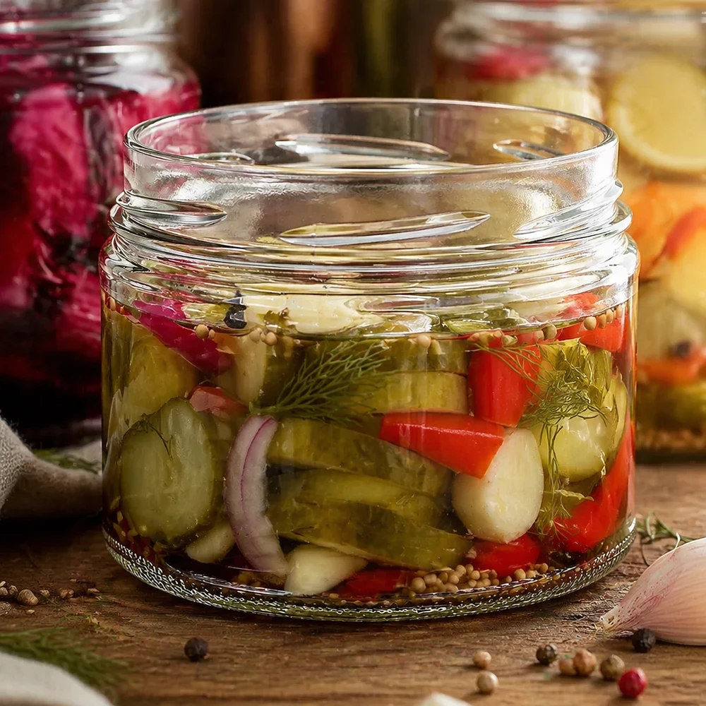 540ml rond glas zonder deksel (TO100) UNiTWIST UNiTWIST Runda540 bekers 540ml TO100 met ingemaakte groenten komkommers paprika uien dille augurken