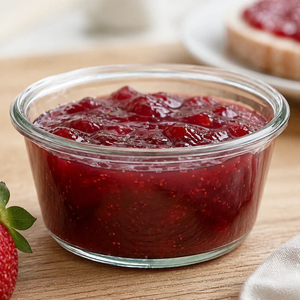 290ml gourmetglas WECK RR100 WECK RR100 290ml gourmetpot gevuld met aardbeienjam op keukenplank naast aardbei en brood met jam