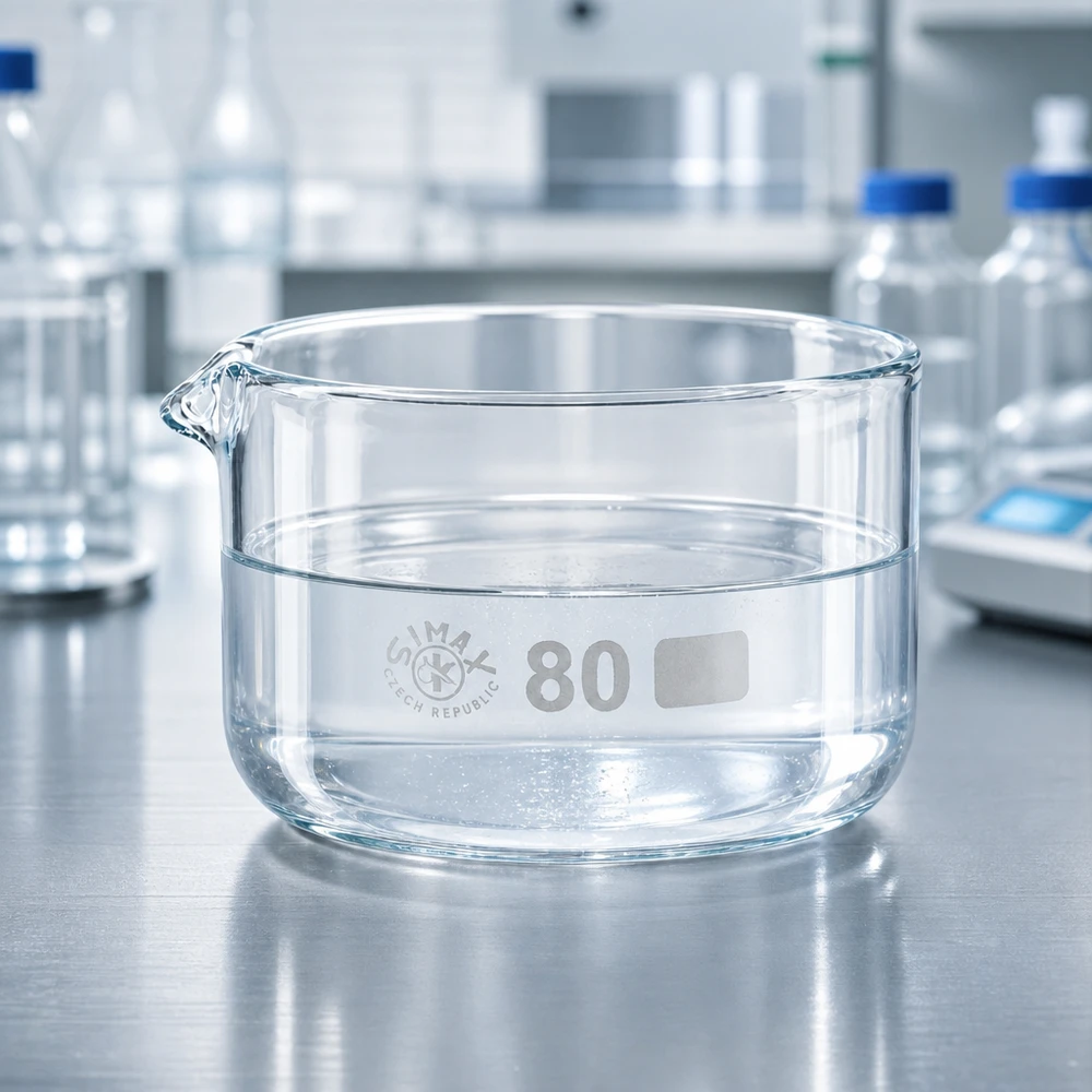Kristalliseerschaal 150ml met schenktuit Kristallisatieschaal van borosilicaatglas van 150 ml, half gevuld met gedestilleerd water in een laboratoriumomgeving
