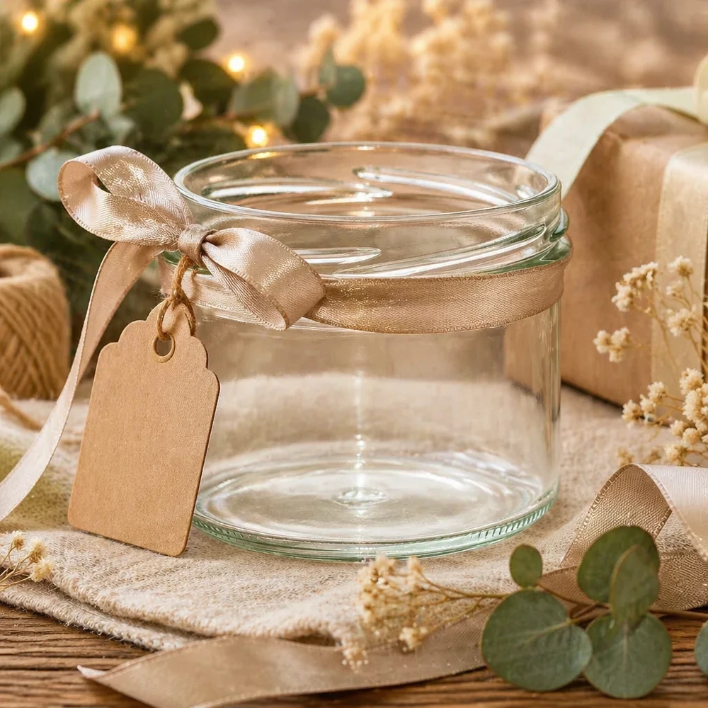 UNiTWIST Sturz225 bekers 225ml TO82 leeg met gouden strik en cadeaulabel op een rustieke houten tafel