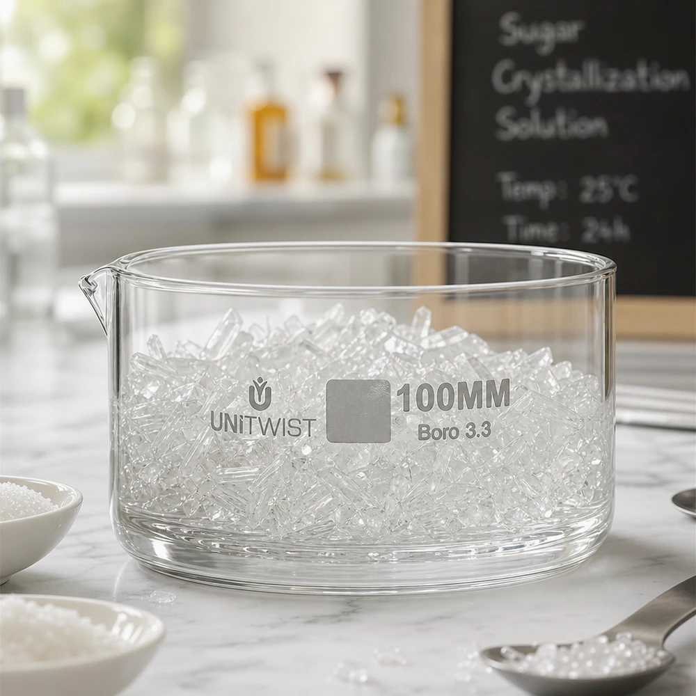 Kristalliseer schaal ø100mm borosilicaatglas UNiTWIST Kristallisatieschaal UNiTWIST 100 mm Boro 3.3 Toepassing: levensmiddelenchemie, suikerkristallisatie