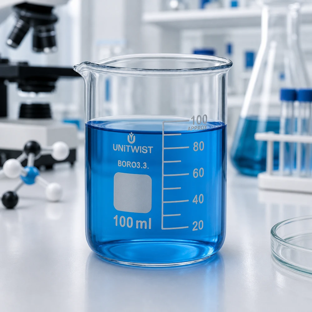 Laag bekerglas 100 ml, borosilicaat 3.3, met opschriftveld van UNiTWIST