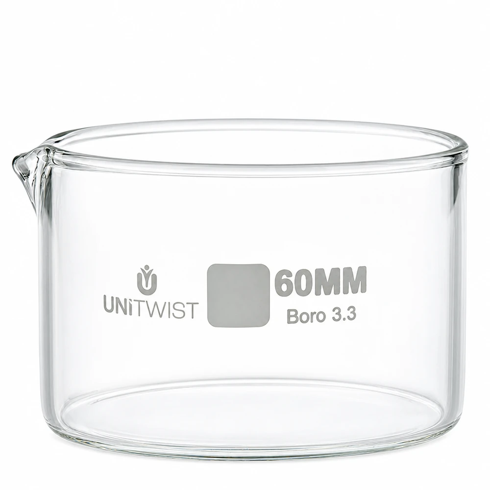 Kristalliseer schaal ø60mm borosilicaatglas UNiTWIST Cilindrische kristallisatieschaal 60 mm met tuit, borosilicaatglas, UNiTWIST, bestand tegen chemicaliën