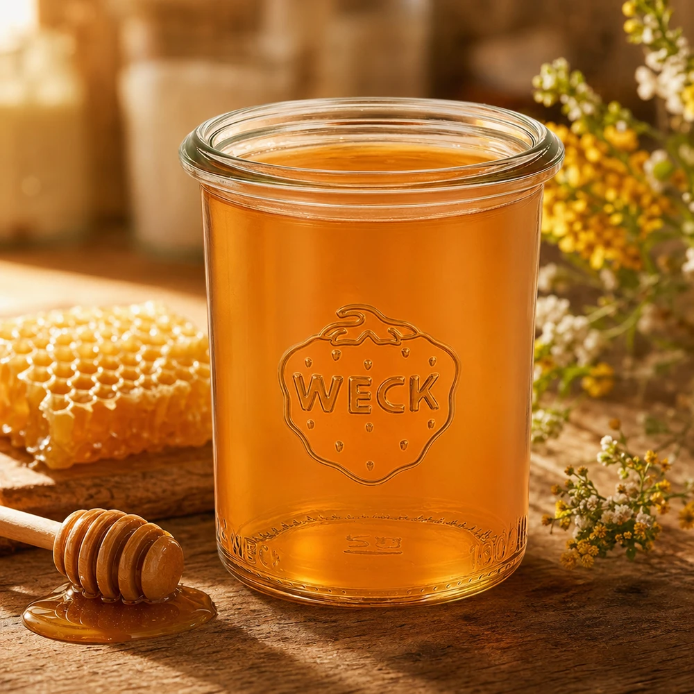 160ml glazen pot WECK RR60 gevuld met honing op een houten tafel met honingraat en honinglepel natuurlijke decoratie