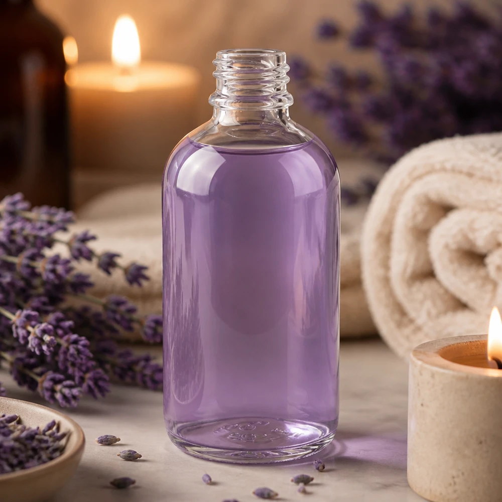 100ml apothekersfles ClearLine DIN18 UNiTWIST Doorzichtige glazen fles van 100 ml gevuld met paarse vloeistof UNiTWIST ClearLine apothekersfles DIN18