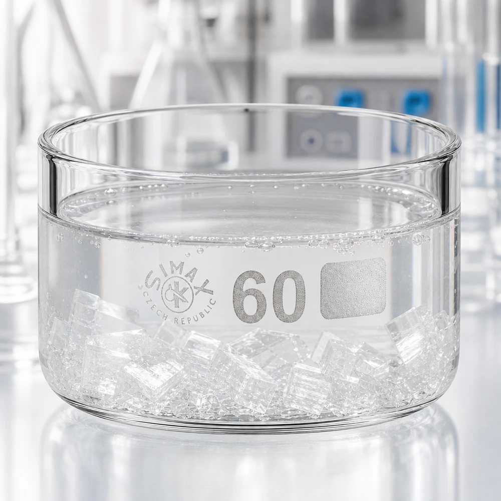 Lage ronde schaal van helder laboratoriumglas, 60 ml, gevuld met zichtbare kristallen en vloeistof