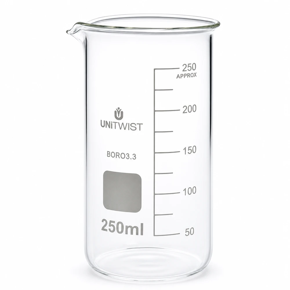Beker 250ml borosilicaat, hoge vorm UNITWIST Borosilicaat bekerglas, hoog model, 250 ml, voor laboratorium- en chemische toepassingen van UNITWIST