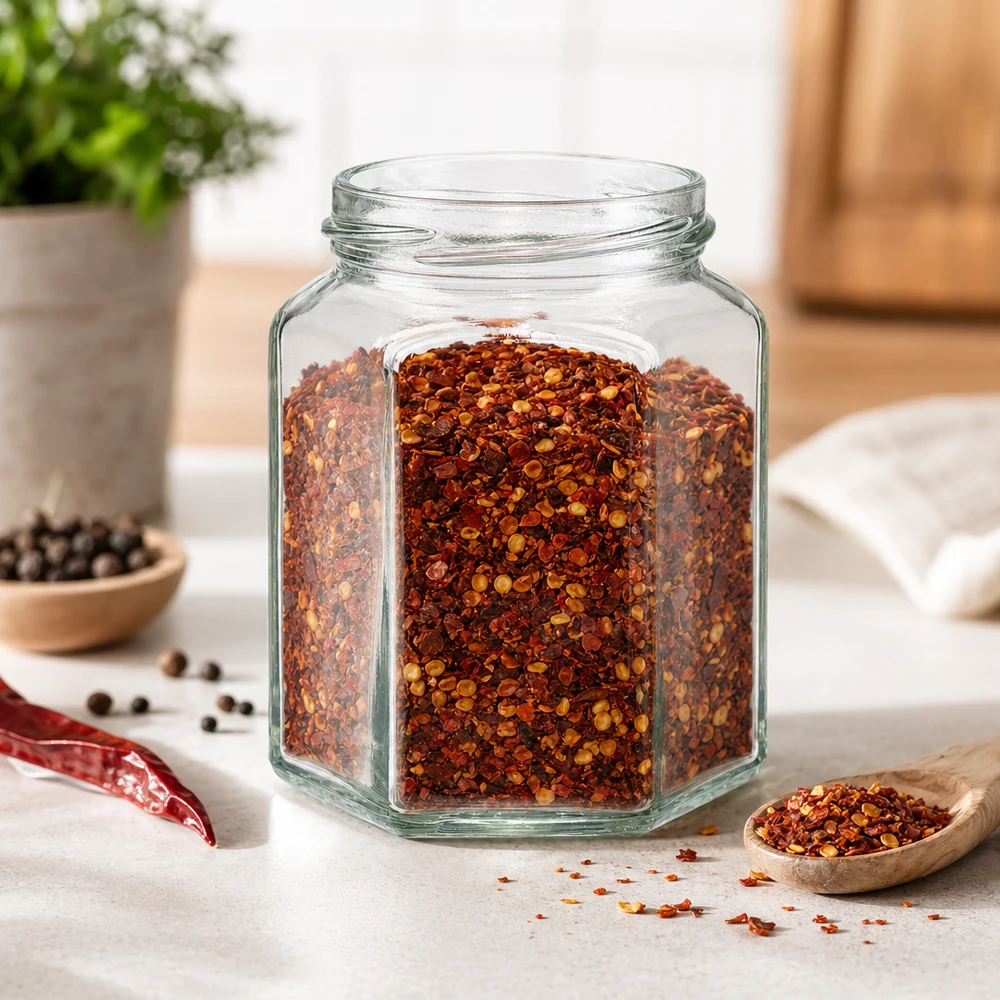 288ml hexaglas zonder deksel (TO63) UNiTWIST UNiTWIST Hexa288 zeshoekige glazen pot 288ml gevuld met chilivlokken in moderne keuken
