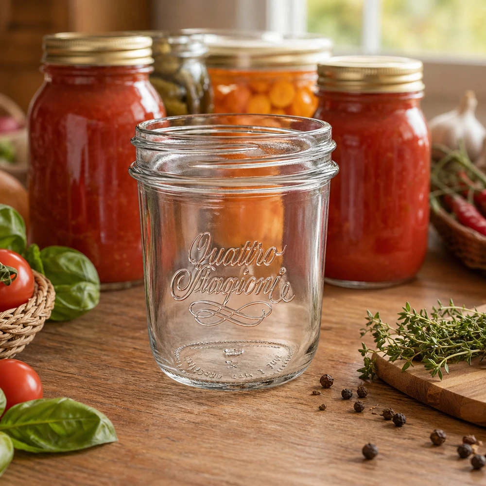 320ml "Quattro Stagioni" beker QS86mm 320ml Quattro Stagioni bekers met QS86mm draad op houten tafel voor inmaakpotten met tomaten en kruiden