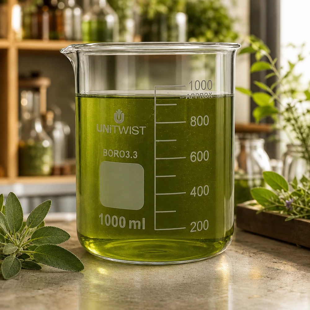 Doorzichtig UNiTWIST-glas 1000 ml, laag model, met groen extract en salieblaadjes