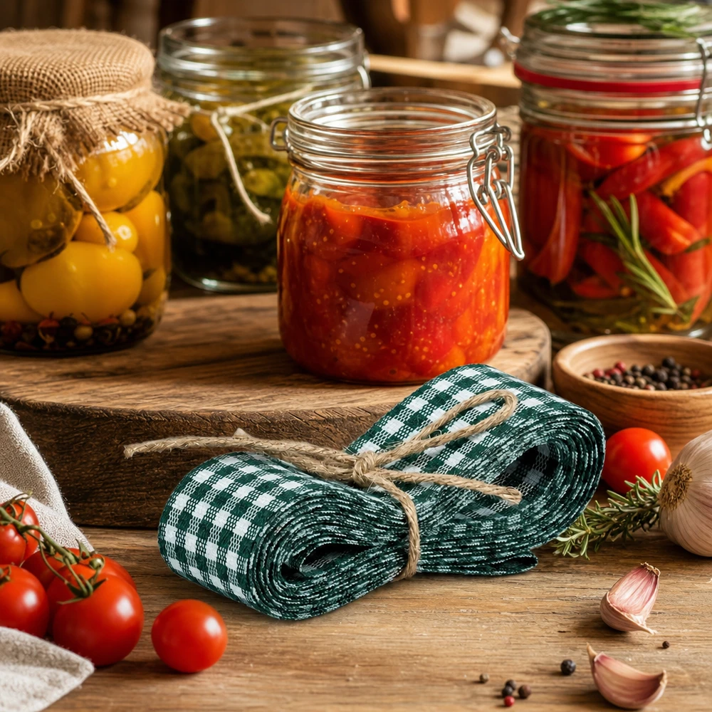 Groen en wit decoratielint 300cm in een rustieke keuken met inmaakpotten en verse tomaten als decoratie-inspiratie