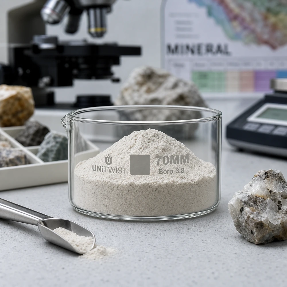 Kristalliseer schaal ø70mm borosilicaatglas UNiTWIST Vlakke kristallisatieschaal UNiTWIST 70 mm met witte poederlaboratoriumspatel en gesteentemonsters