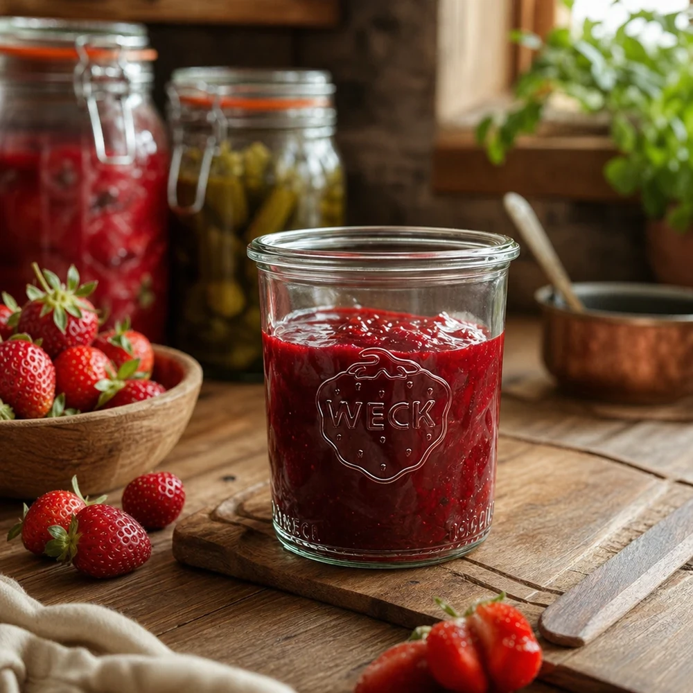 WECK RR60 pot van 160 ml gevuld met aardbeienjam op een houten tafel met verse aardbeien en inmaakpotten