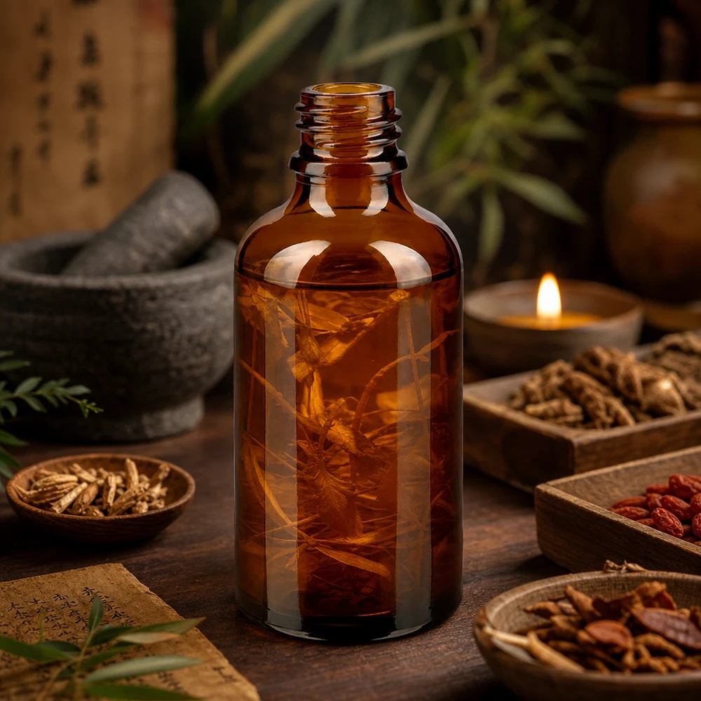 Bruine glazen fles 50ml 50ml bruine ApoGlas apothekersfles met gedroogde wortels omringd door traditionele geneeskrachtige kruiden en kaarslicht