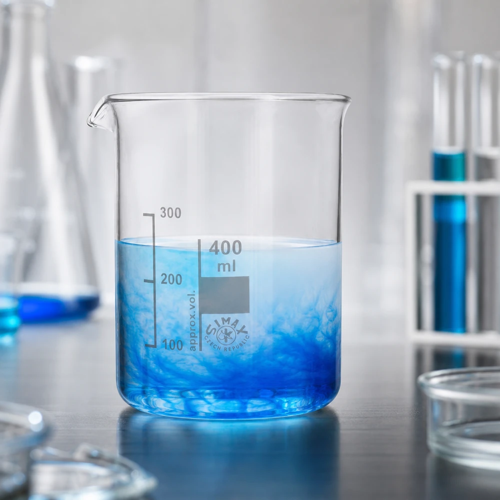 Bekerglas 400 ml van hittebestendig borosilicaatglas (laag model) Transparant bekerglas van 400 ml met blauwe vloeistof en duidelijk zichtbare milliliterverdeling