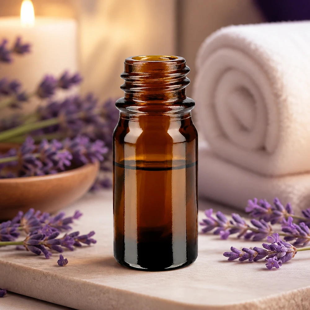 Bruine glazen fles 5ml 5ml bruin apothekersflesje ApoGlas met lavendel en spa accessoires voor aromatherapie en essentiële oliën