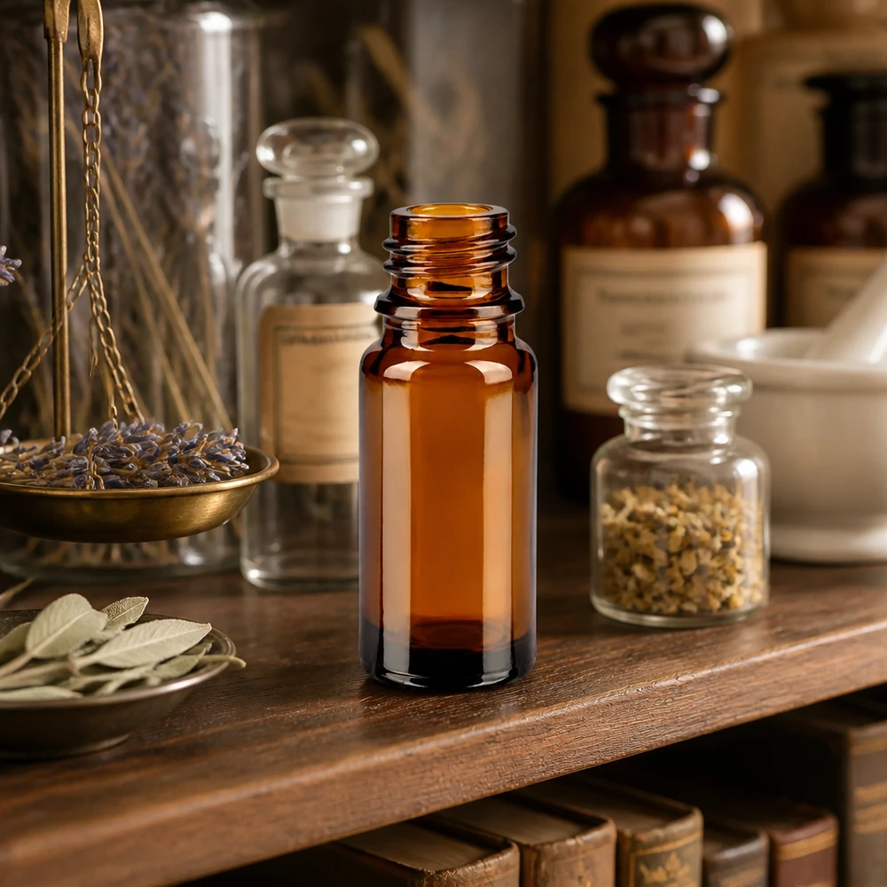 Bruine glazen fles 10ml 10ml bruin apothekersflesje ApoGlas met vintage apothekersweegschaal en geneeskrachtige kruiden op een houten plankje