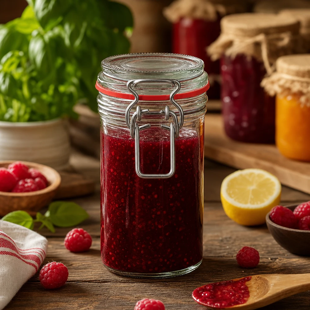 272 ml voorraadpot type G met beugelsluiting UN.. 272 ml voorraadpot met draaidop gevuld met rode jam op een houten tafel met verse frambozen en citroen