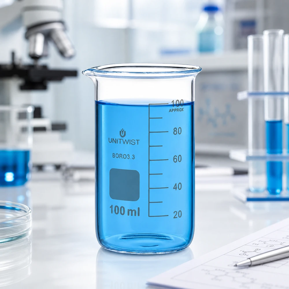 Beker 100ml borosilicaat, hoge vorm UNITWIST Chemie-laboratoriumbenodigdheden: bekerglas van 100 ml, hoog model, van borosilicaatglas 3.3, met opschrijfveld
