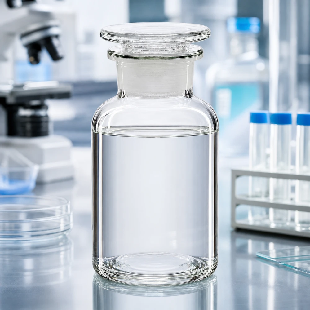 Apothekersfles 250 ml wijde hals helder glas incl. glazen stop Doorzichtige laboratoriumfles van 250 ml met brede hals en een glazen deksel op een reflecterend oppervlak
