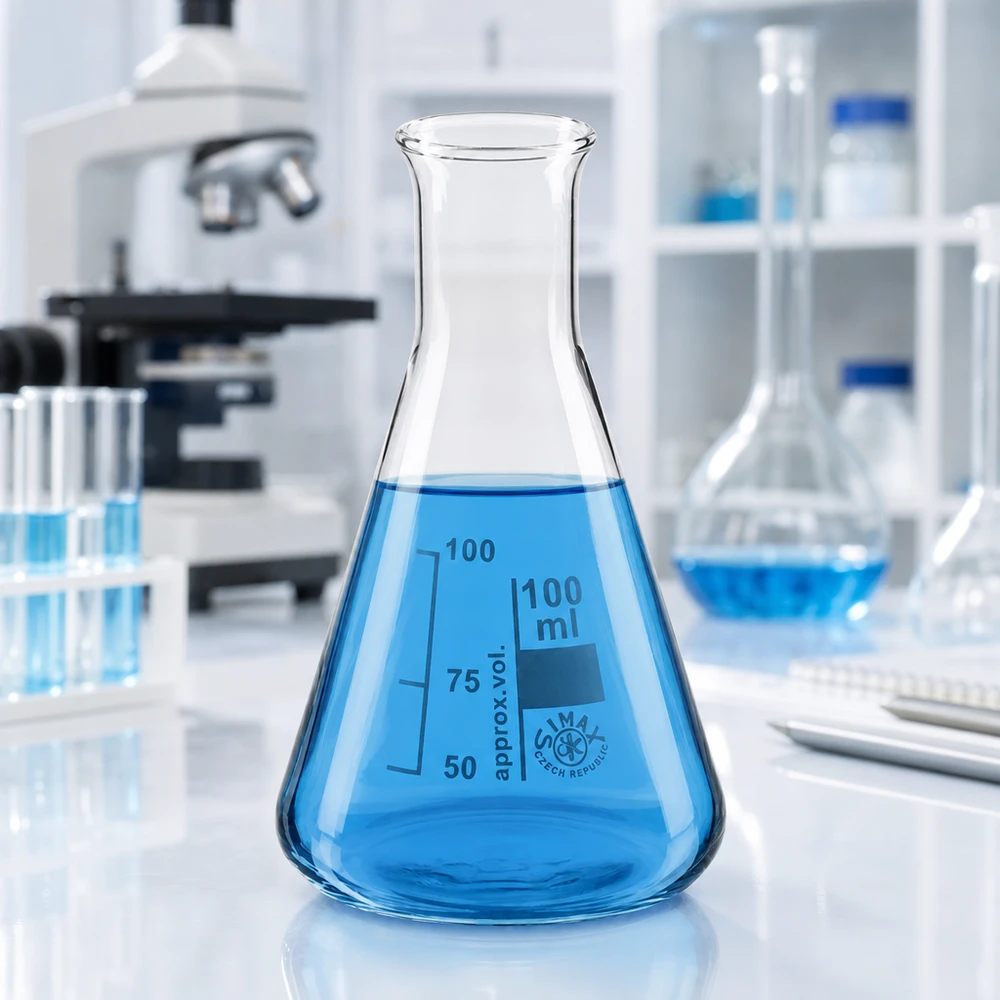 Erlenmeyer 100ml nauwe hals borosilicaat met afgeronde rand Laboratoriumapparatuur Erlenmeyer 100ml met smalle hals tussen reageerbuizen en wetenschappelijke apparatuur