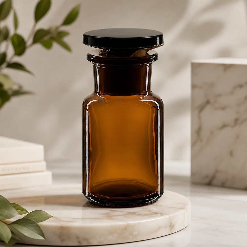 Apothekersfles 50 ml wijde hals bruin glas incl. glazen stop Vintage apothekersfles, bruin, 50 ml, brede hals, met ronde glazen stop, minimalistisch ontwerp