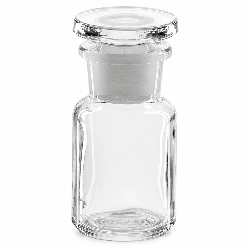 Apothekersfles 50 ml wijde hals helder glas incl. glazen stop Apothekersflesje van 50 ml, van transparant glas, met brede hals en bijpassende glazen stop