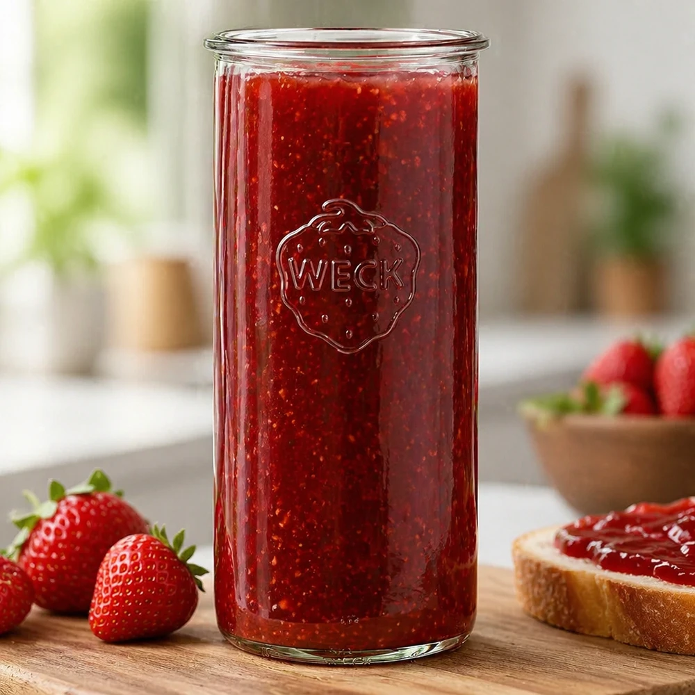 1500ml WECK RR100 pot gevuld met rode aardbeienjam naast verse aardbeien en brood op een houten tafel