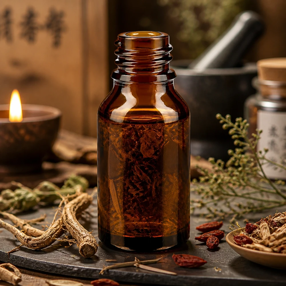Bruine glazen fles 30ml 30ml bruine apothekersfles hoge vorm ApoGlas met kruidentinctuur wortels kruiden traditionele geneeskunde sfeer