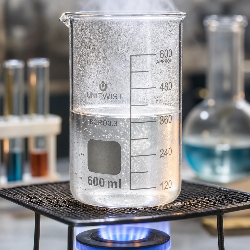 Beker 600ml borosilicaat, hoge vorm UNITWIST Becherglas 600 ml, hoog model, UNITWIST, borosilicaatglas, met heldere vloeistof bij een vulniveau van 360 ml