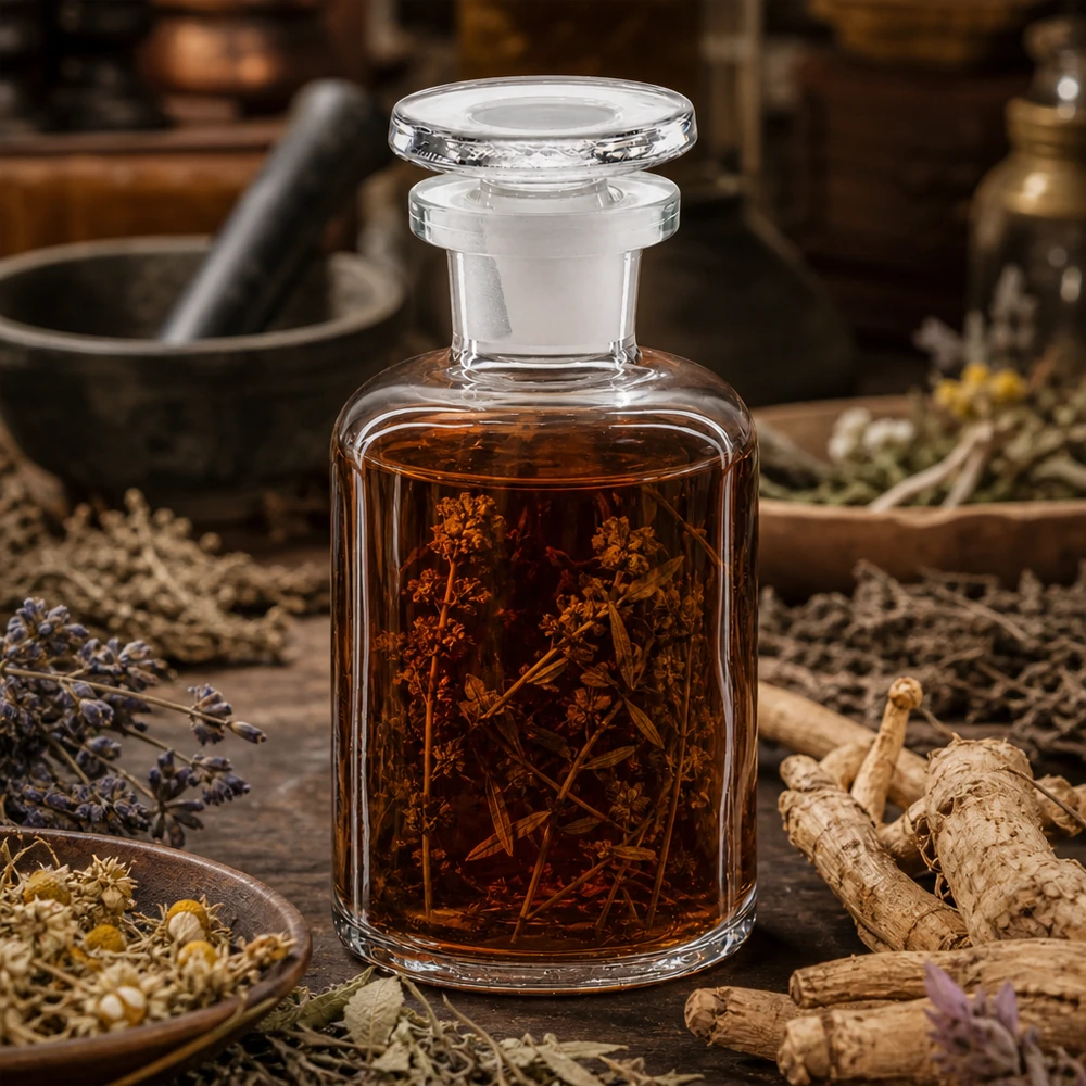 Apothekersfles 50 ml nauwe hals helder glas incl. glazen stop Bruine kruidentinctuur in een heldere fles met ronde schouders, 50 ml, smalle hals, afgesloten met een glazen stop