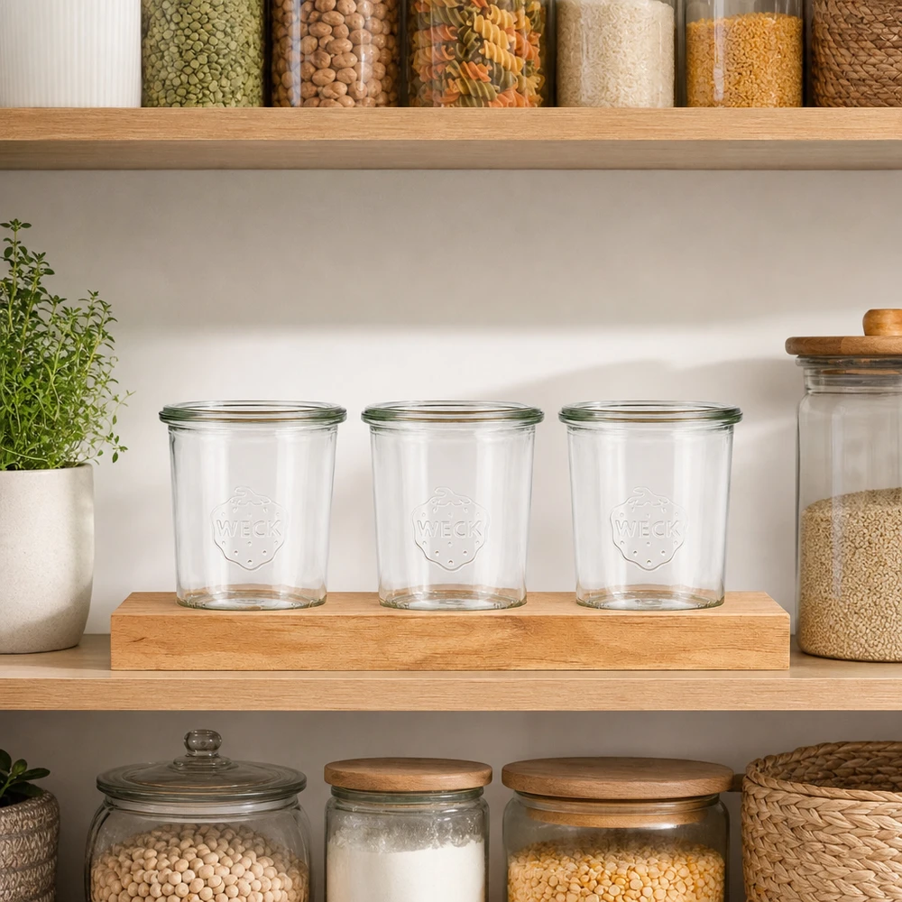 Serveerplank Plano3 met 3 Weck-glazen van 160 ml Weck bekers 160ml leeg op serveerplank Plano3 in georganiseerde opbergkeuken met kruidenpotjes