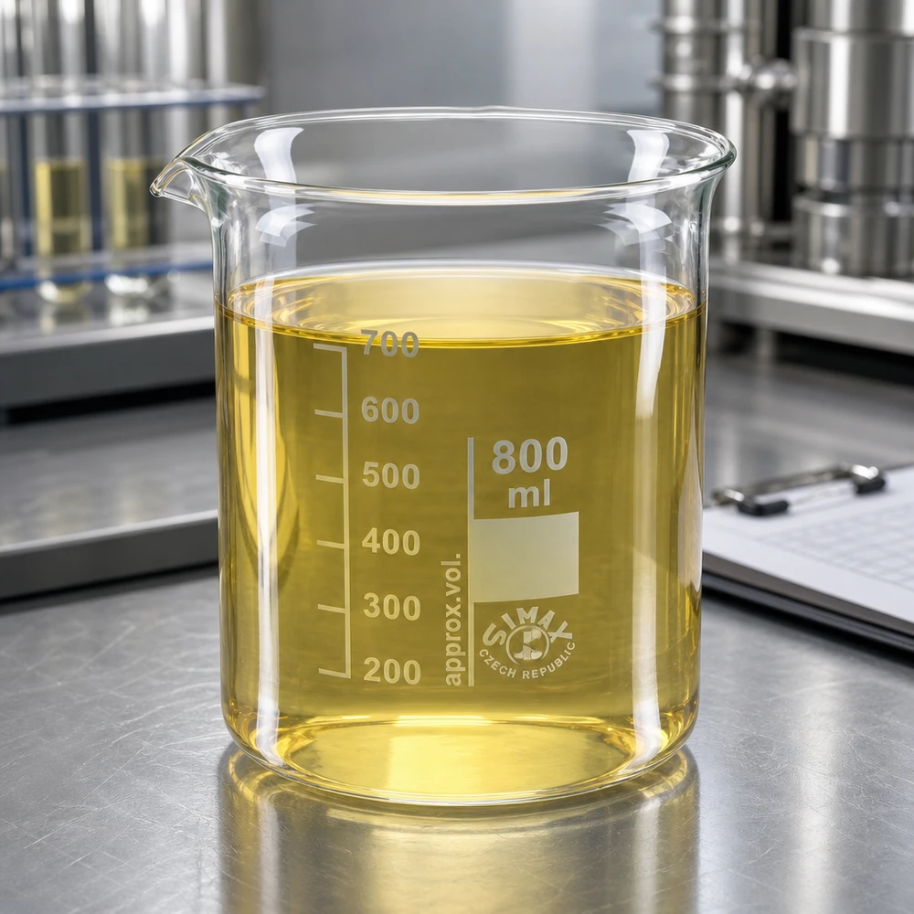Bekerglas 800 ml van hittebestendig borosilicaatglas (laag model) Laboratoriumbeker 800ml van robuust borosilicaatglas met gele testvloeistof op laboratoriumbank