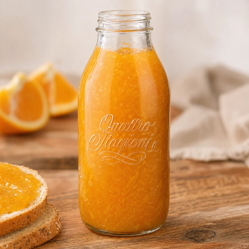 1000 ml fles met wijde hals "Quattro Stagioni" 1000ml fles met wijde hals van Quattro Stagioni met vers sinaasappelsap op een houten tafel met sinaasappelschijfjes